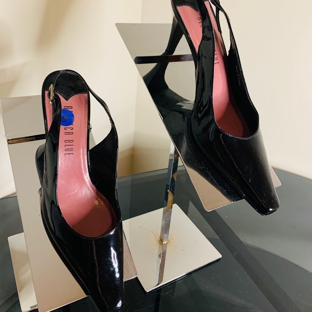 S55- Rebecca Blue black patents sling back size 6